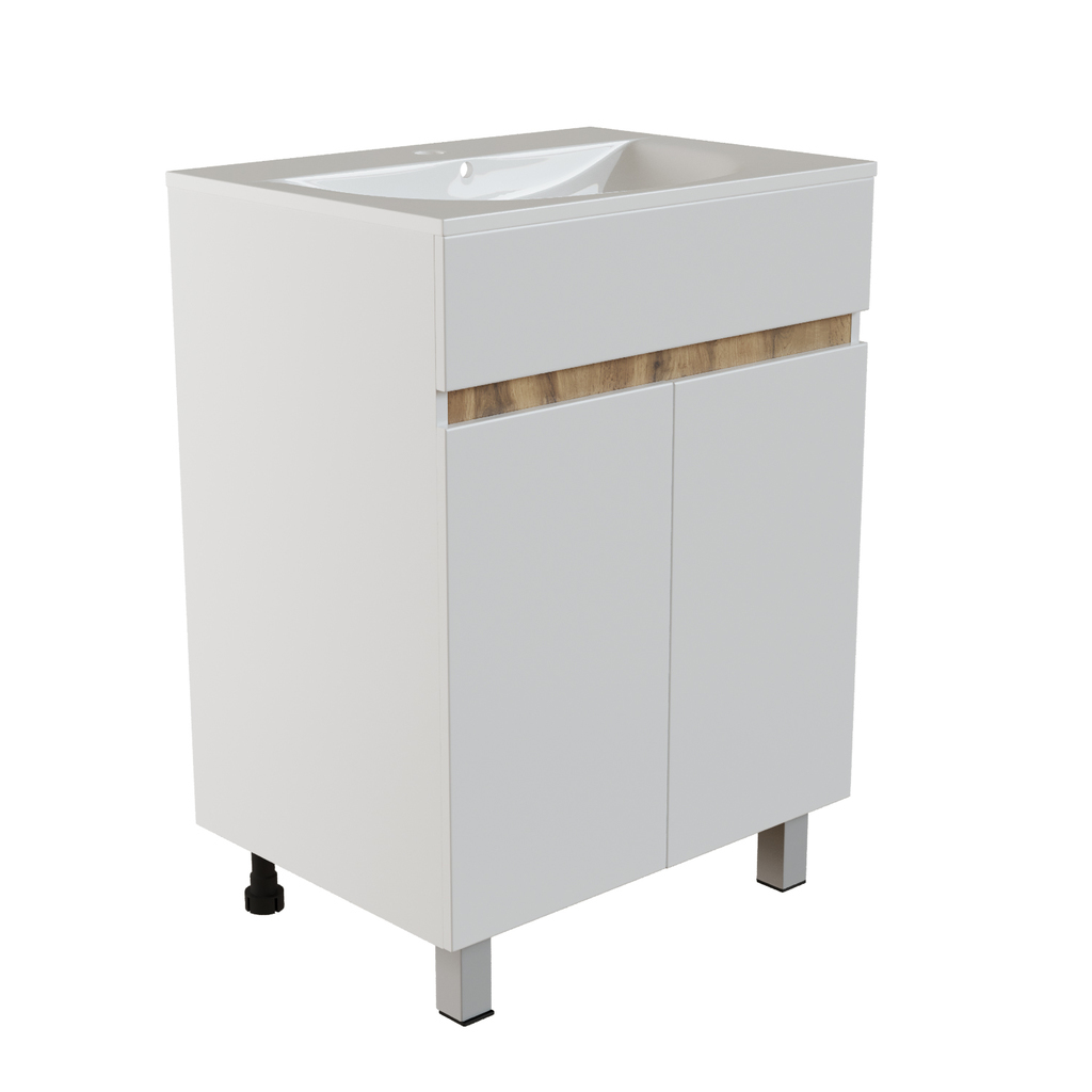 Тумба д/ванной, БРИКС-60,  ОТДЕЛЬНО ПРИОБРЕТАЕТСЯ РАКОВИНА 2 створки белый/дуб вотан под рак., Breeze 60, мебельный, Sanita Luxe ПВХ, раковина в комплект не входит