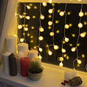 Гирлянда Занавес УМС вилка 2х1,5м, Ёжики Н. С, LED-360-220V, 8 режимов, свечение теплый белый