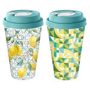 Стакан с крышкой 550 мл Homver 223112418/05, с декором Sicily Lemon, с клапаном, зеленый