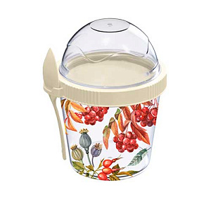 Контейнер для завтрака 450 мл Homver 222142025/01, с ложкой с декором, светло-бежевый