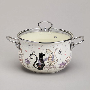 КАСТРЮЛЯ AGNESS ЭМАЛИРОВАННАЯ СО СТЕКЛЯННОЙ КРЫШКОЙ СЕРИЯ, LAVANDER CATS,  3, 8 Л ДИА. 22СМ