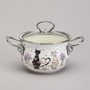 КАСТРЮЛЯ AGNESS ЭМАЛИРОВАННАЯ СО СТЕКЛЯННОЙ КРЫШКОЙ СЕРИЯ, LAVANDER CATS,  1, 5 Л ДИА. 16СМ