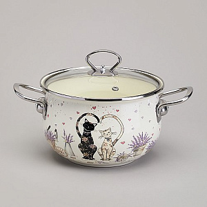 КАСТРЮЛЯ AGNESS ЭМАЛИРОВАННАЯ СО СТЕКЛЯННОЙ КРЫШКОЙ СЕРИЯ, LAVANDER CATS,  2, 8 Л ДИА. 20СМ